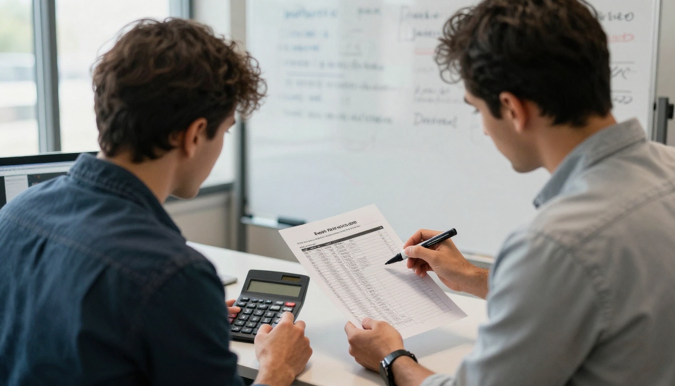 Two colleagues reviewing a printed price sheet with a calculator at a standing desk
