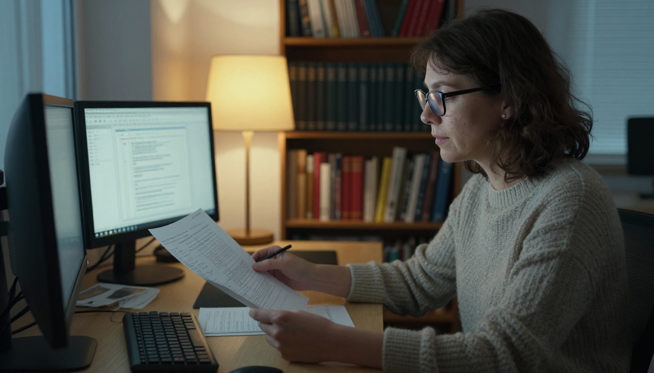 Professional translator reading a technical sheet at a desk with two monitors