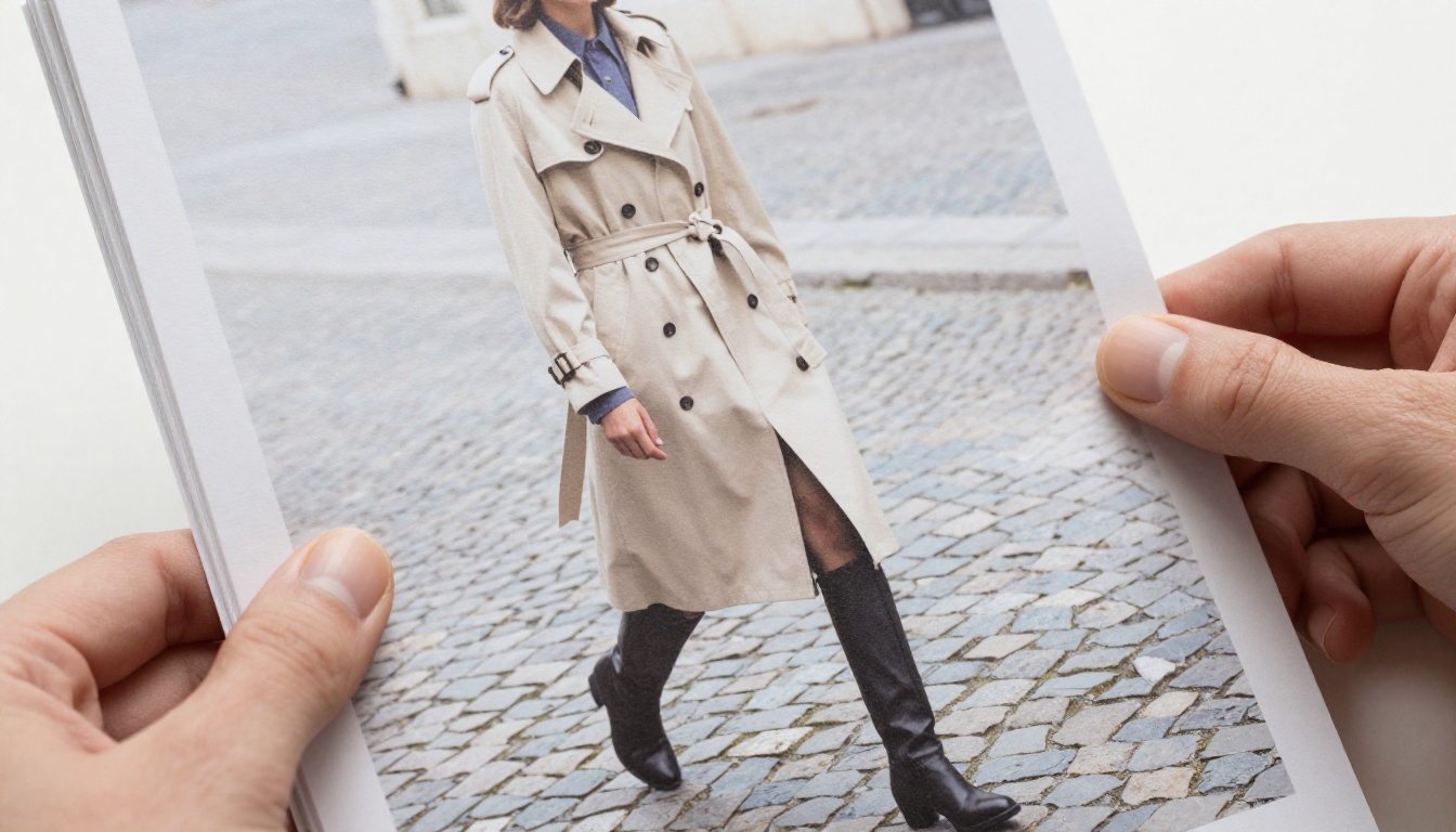 Close-up of a full-bleed lookbook spread held open in soft daylight