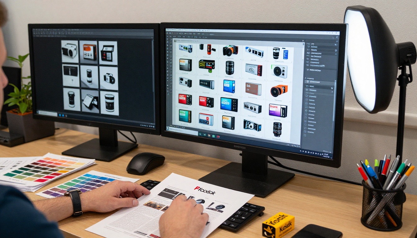 Designer placing a company logo onto a catalog page layout on a dual monitor setup