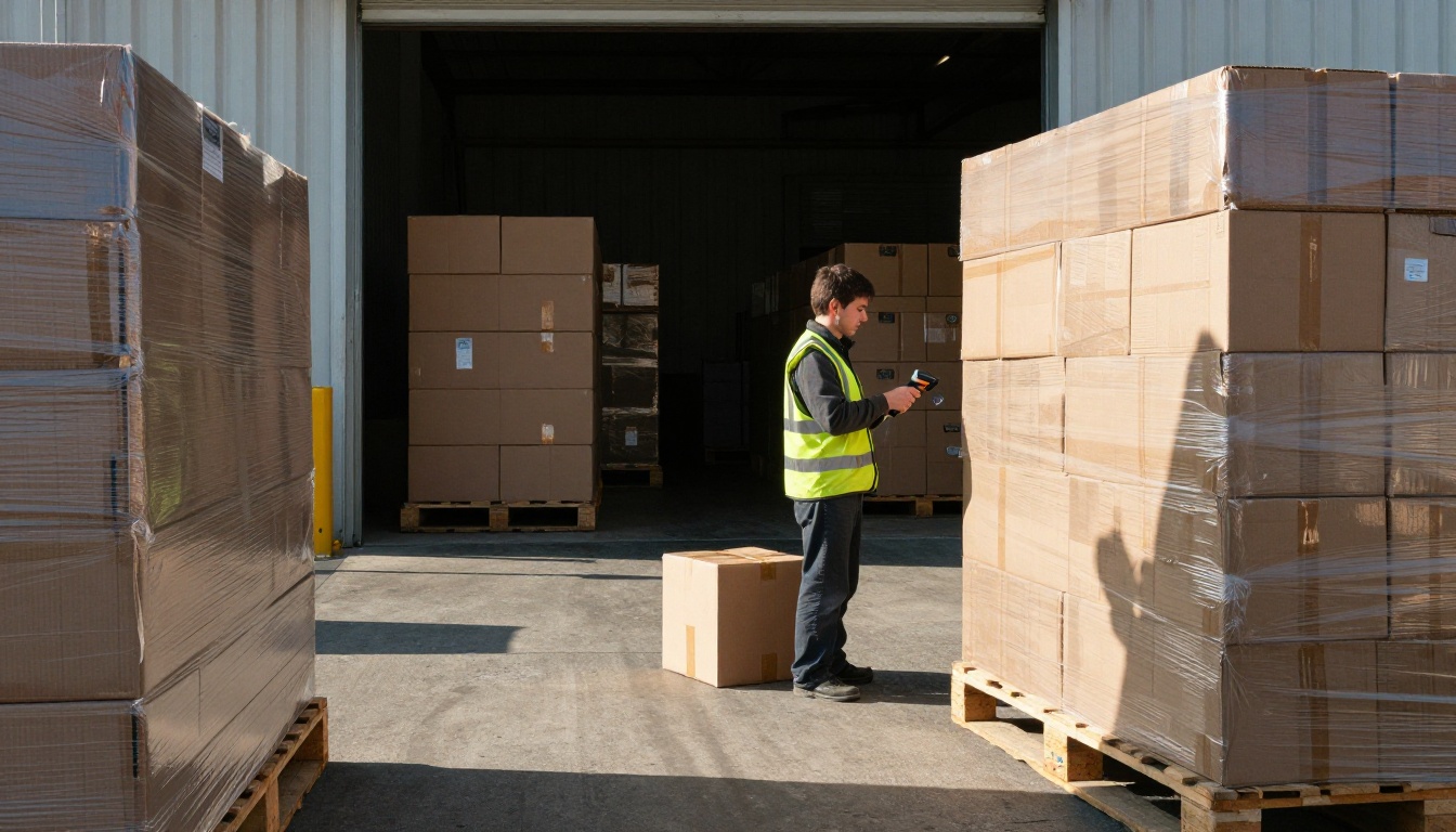 Warehouse worker scanning a carton beside stacked pallets near a dock door