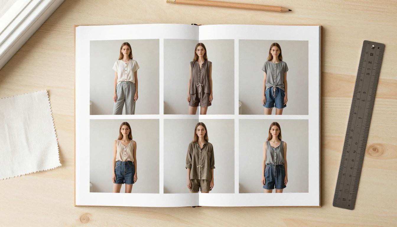 Overhead view of a six-image grid spread beside fabric swatches