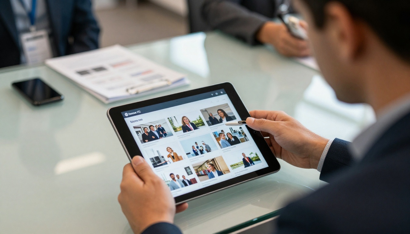 Sales manager showing a digital catalog on a tablet to an international buyer