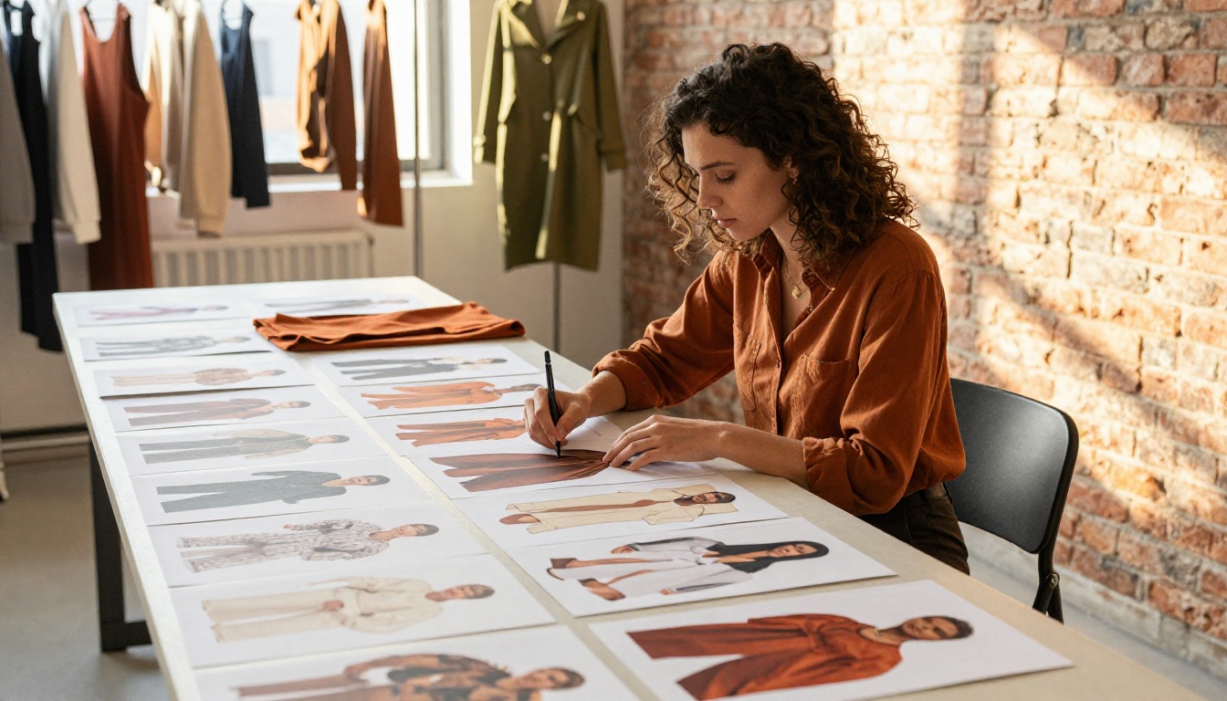Stylist sorting lookbook pages by color story on a long table