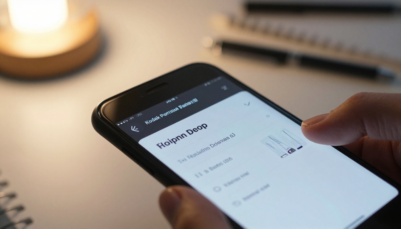 Hand holding a smartphone displaying a page turning catalog with branded items blurred behind