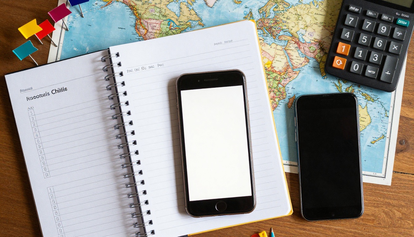 Overhead flat lay of notebook, checklist, calculator and world map with pins