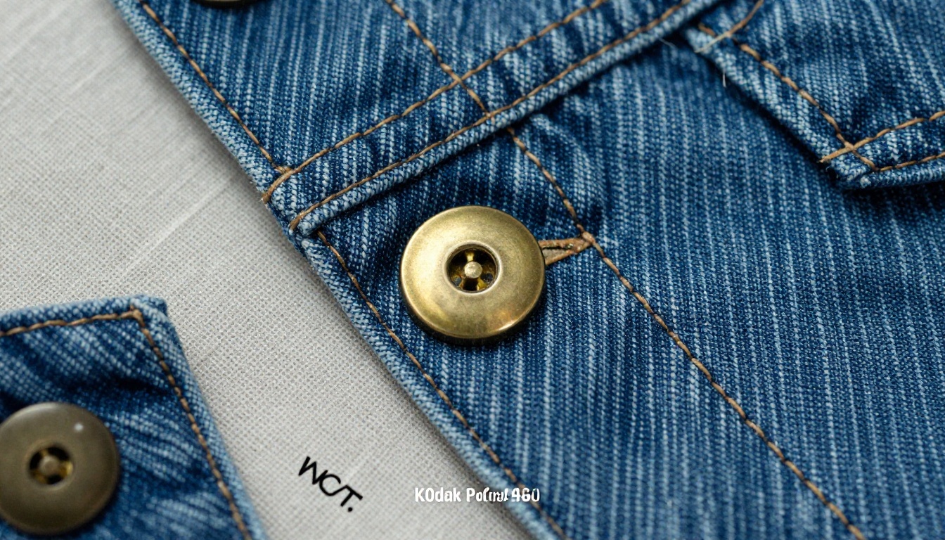 Macro detail crop of a denim jacket button and seam on a lookbook page