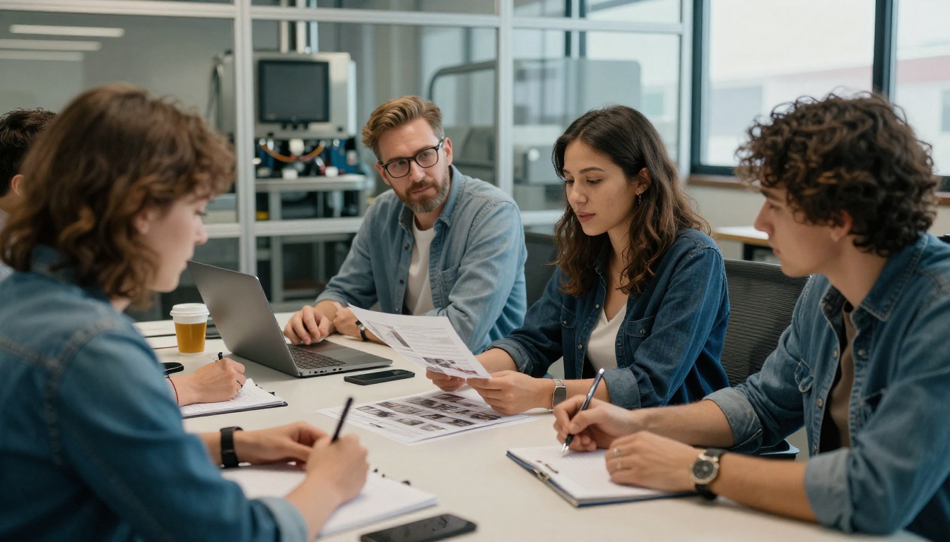 Small team reviewing printed catalog proofs around a standing table in a factory office