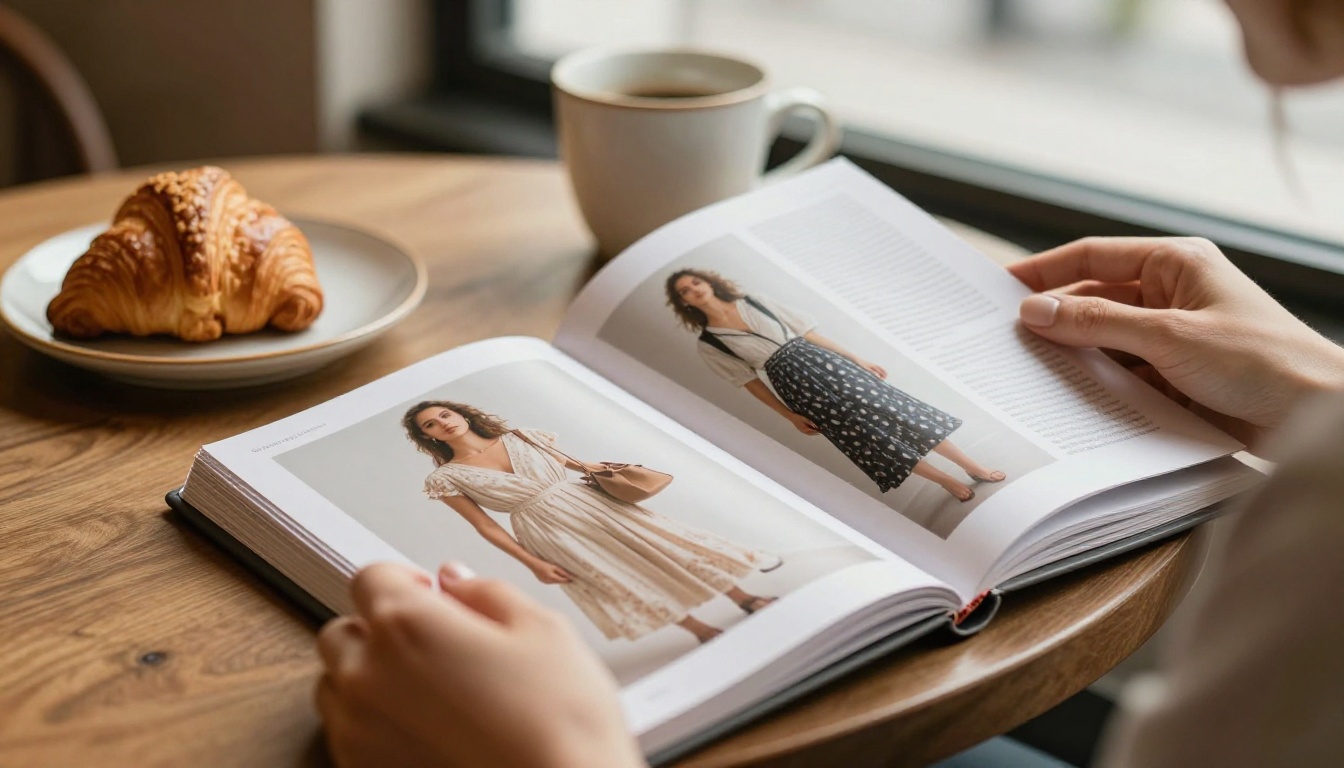 Woman browsing a digital fashion lookbook on a tablet at a café