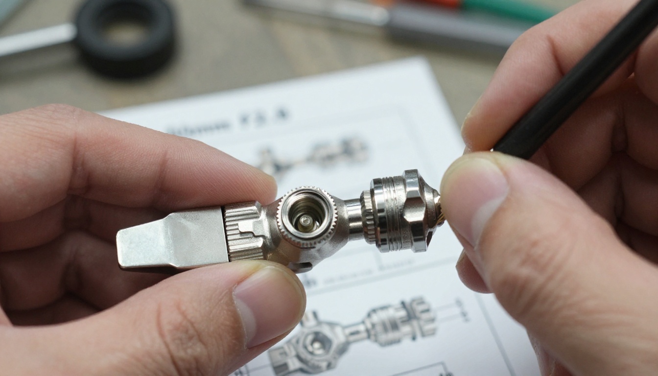 Macro shot of a stainless steel valve next to a catalog page showing the same part
