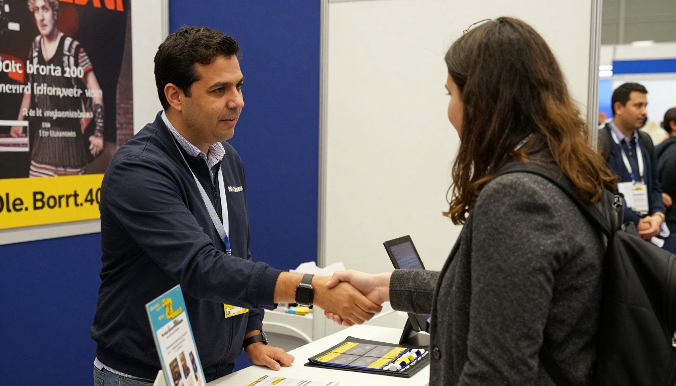 Distributor shaking hands with a buyer at a trade show booth with promotional items on the table
