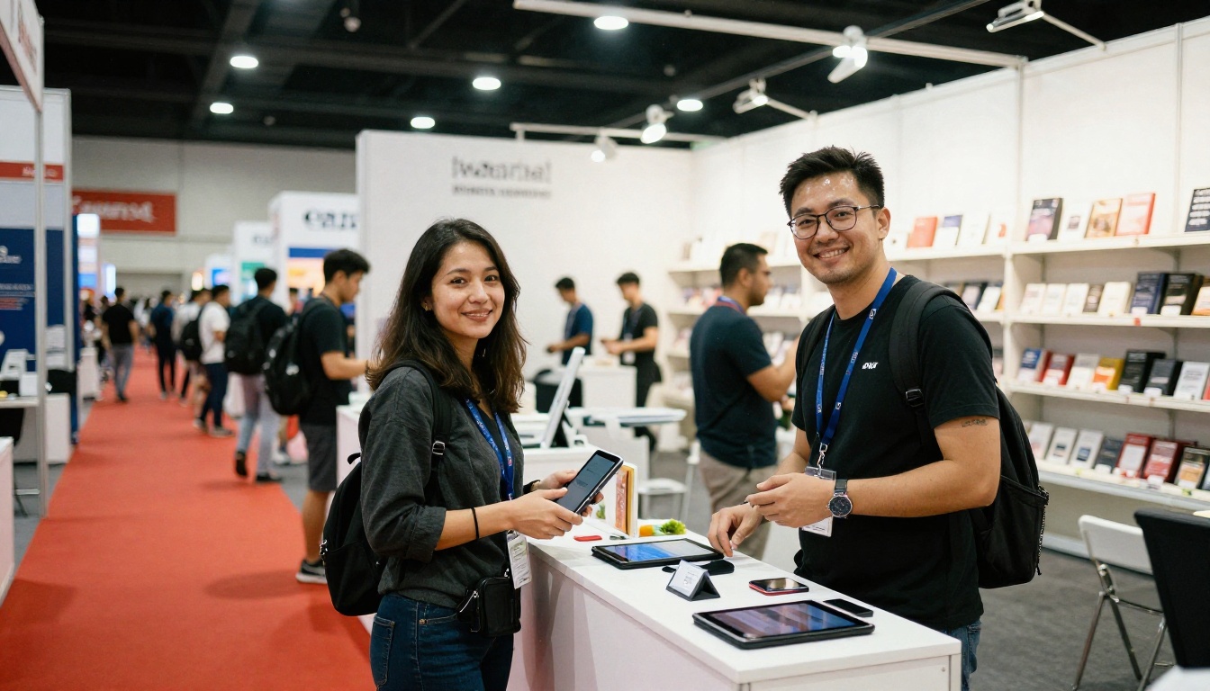 Trade fair booth with two representatives welcoming visitors and tablets on the counter