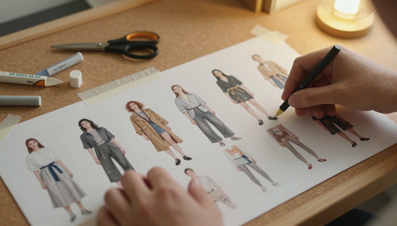 Hands arranging lookbook spreads on a corkboard storyboard