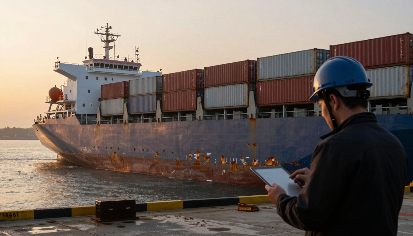 Harbor at dusk with stacked containers and a worker checking a tablet