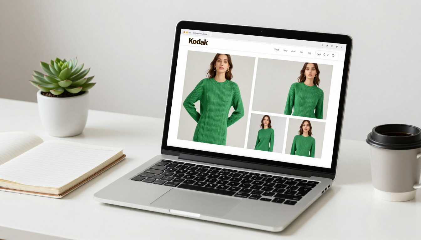 Laptop displaying a page-turning digital fashion lookbook on a bright desk