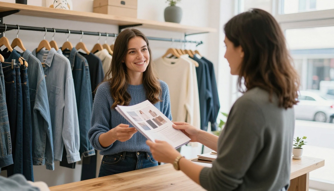 Boutique owner showing a printed lookbook to a customer at the counter