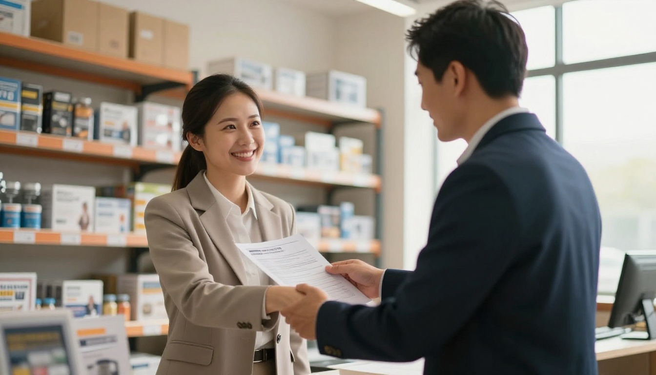 A sales rep and procurement manager shaking hands in a showroom A sales rep and procurement manager shaking hands in a showroom