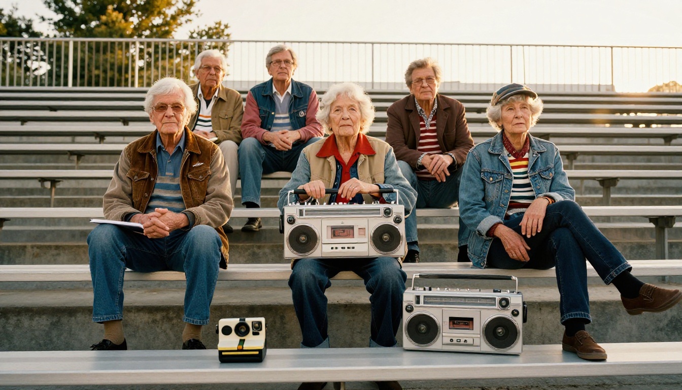 Seniors in vintage outfits with a boombox on school bleachers