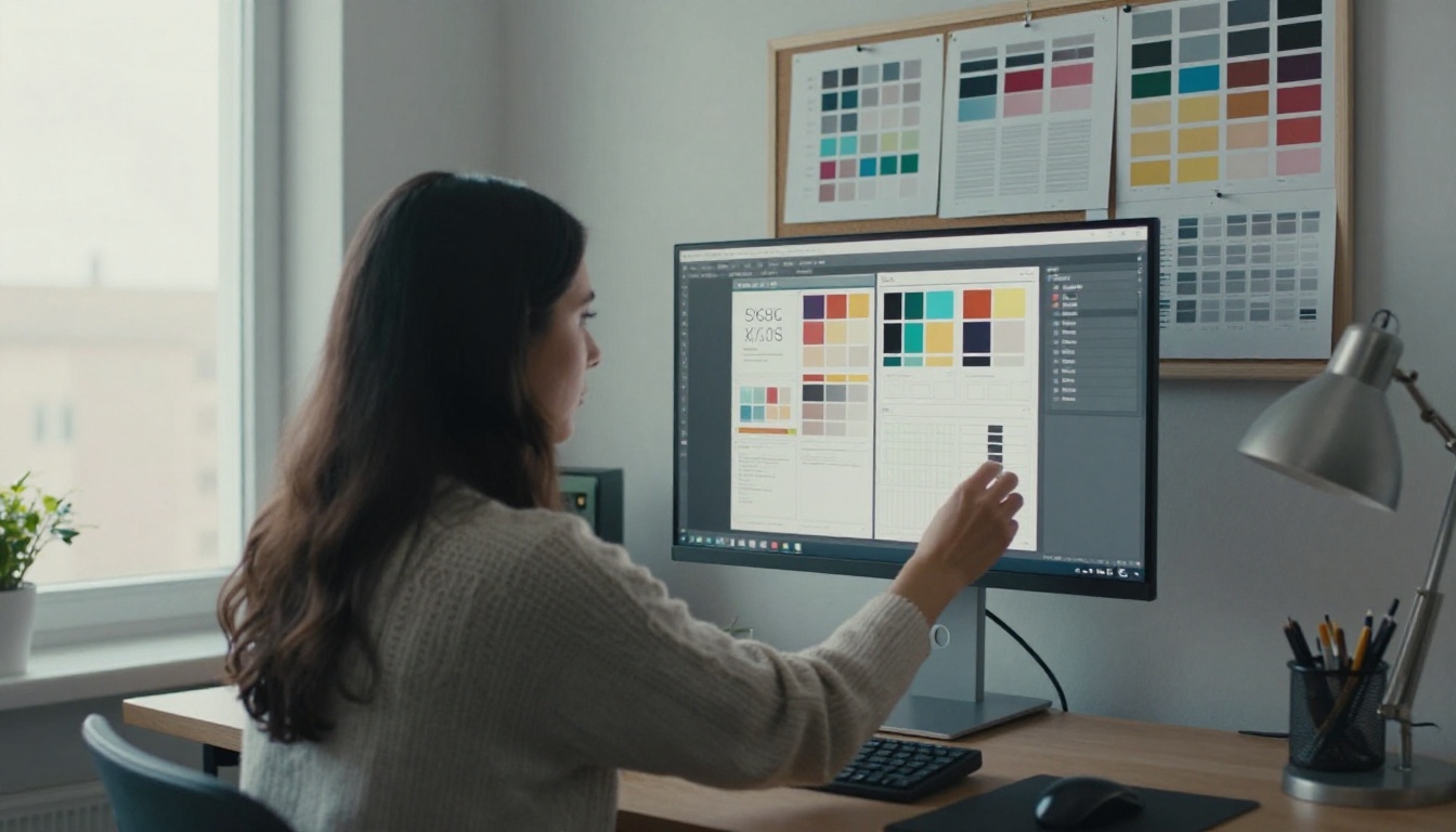 A graphic designer arranging a sell sheet layout at a standing desk A graphic designer arranging a sell sheet layout at a standing desk