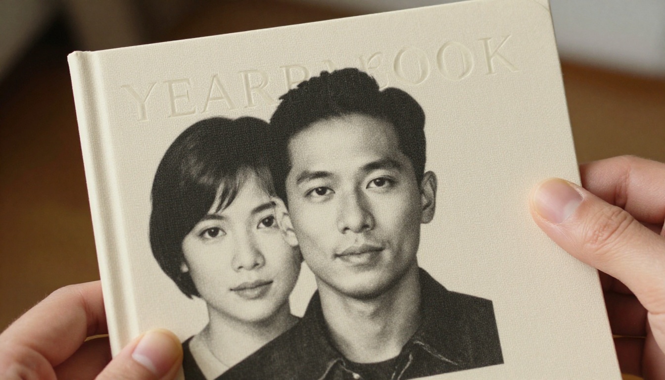 Hands holding a minimalist cream yearbook with embossed lettering