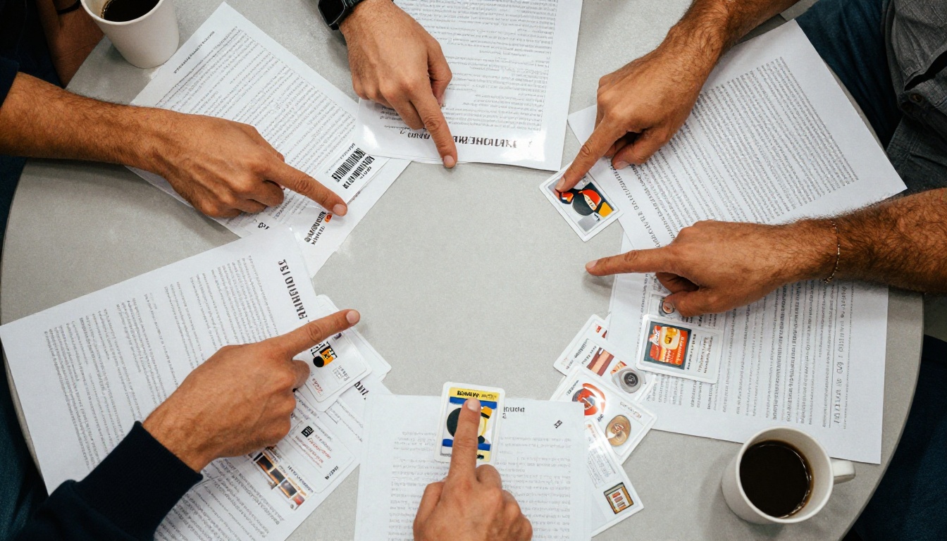 Top-down view of several different printed sell sheets fanned across a conference table Top-down view of several different printed sell sheets fanned across a conference table