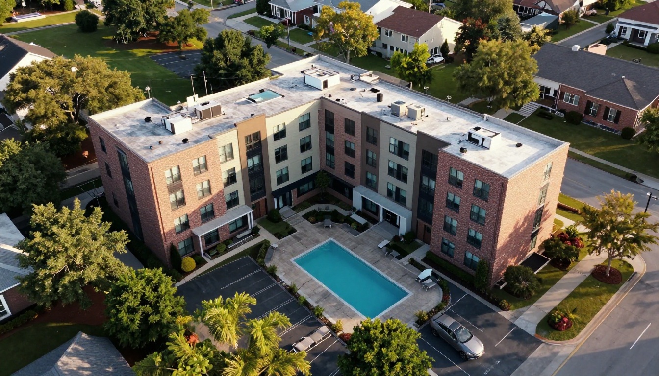 Aerial view of a multifamily apartment complex with courtyard and pool Aerial view of a multifamily apartment complex with courtyard and pool