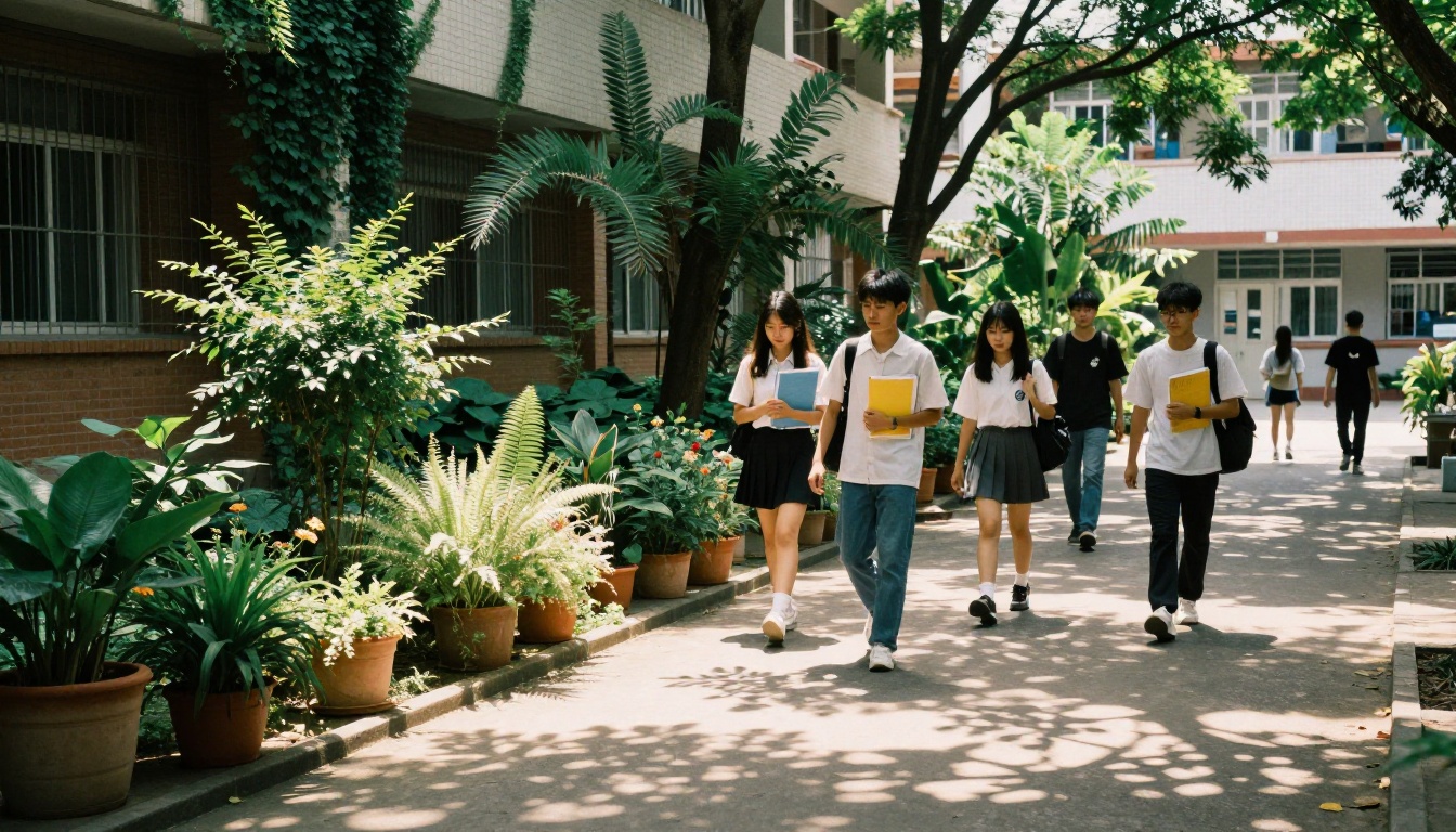 Students walking through a sunny school courtyard with plants
