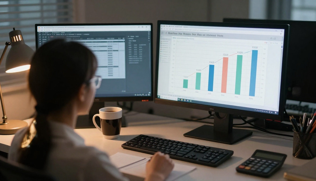 Analyst building a rent roll and cash flow spreadsheet on dual monitors Analyst building a rent roll and cash flow spreadsheet on dual monitors