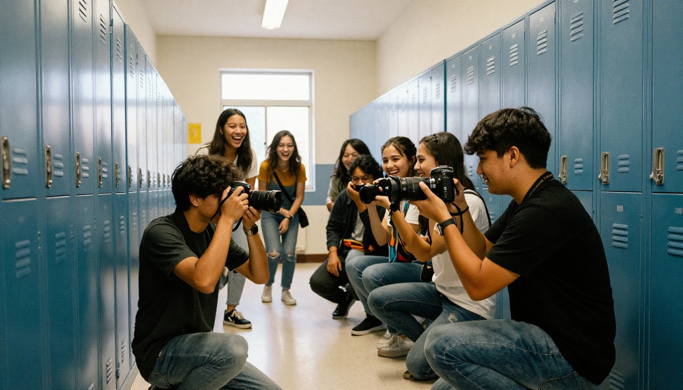 Student photographer shooting friends in a school hallway