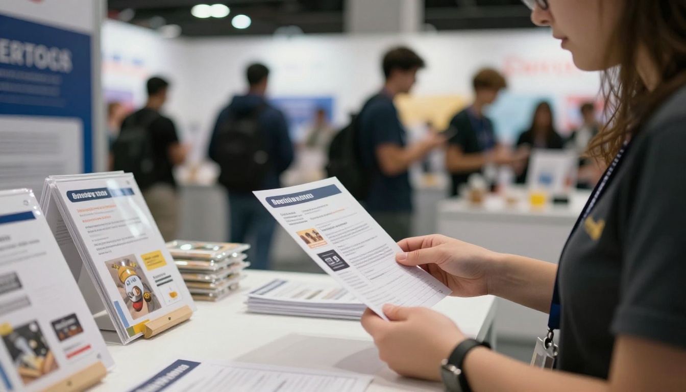 A small business owner handing a sell sheet to a visitor at a trade show booth A small business owner handing a sell sheet to a visitor at a trade show booth