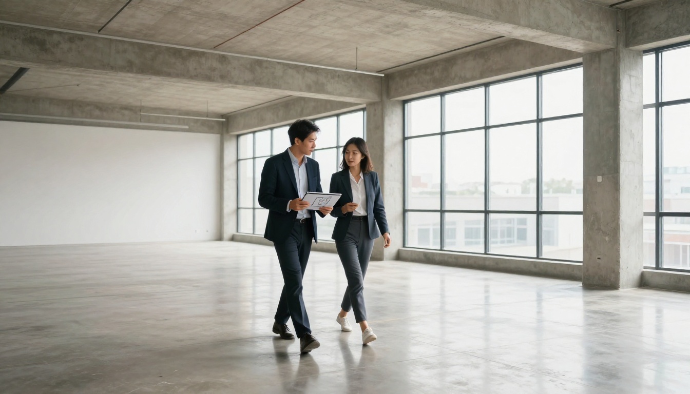 Two real estate professionals walking through a bright open office floor Two real estate professionals walking through a bright open office floor