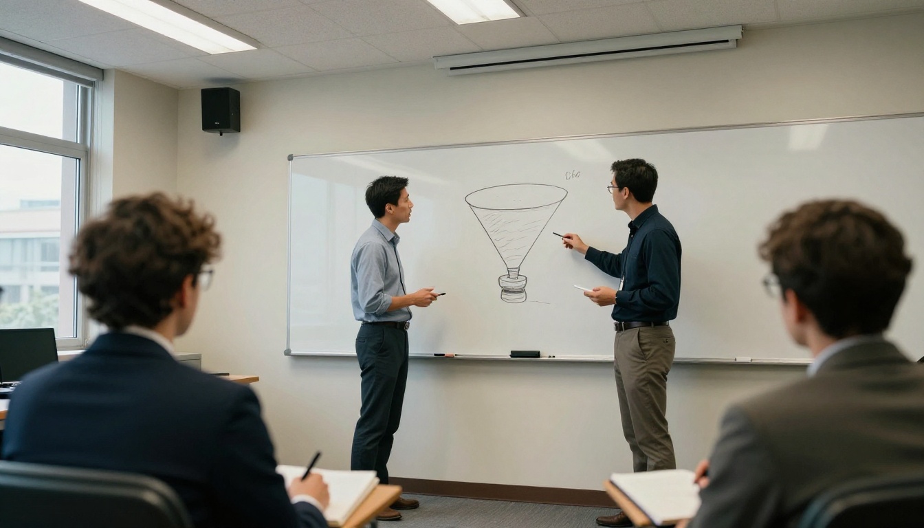 A sales manager sketching a simple funnel on a whiteboard for two teammates A sales manager sketching a simple funnel on a whiteboard for two teammates