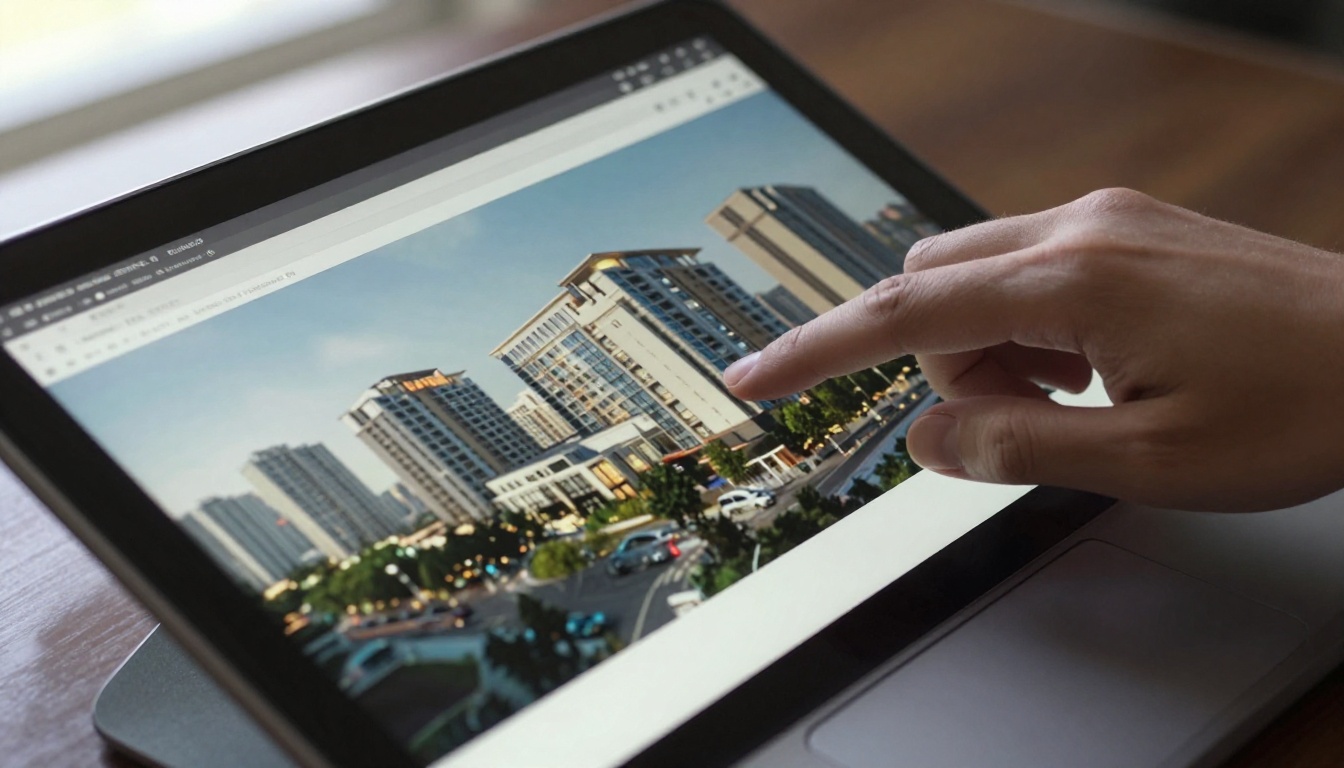 Laptop showing an interactive page turning digital brochure of a commercial building Laptop showing an interactive page turning digital brochure of a commercial building