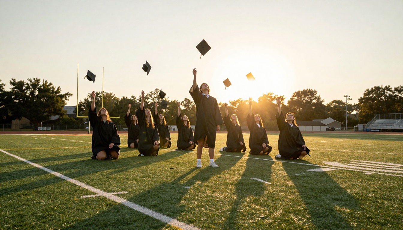 Graduating seniors tossing caps on a football field at golden hour