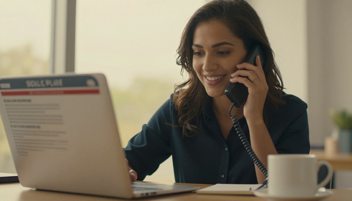 A sales rep smiling while answering a phone call beside a printed sell sheet A sales rep smiling while answering a phone call beside a printed sell sheet