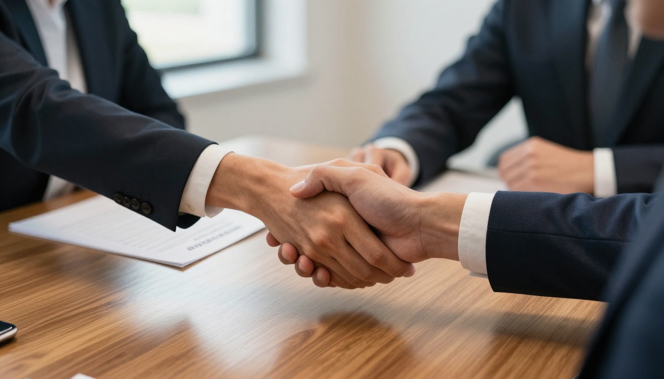 Seller and institutional buyer shaking hands across a conference table Seller and institutional buyer shaking hands across a conference table