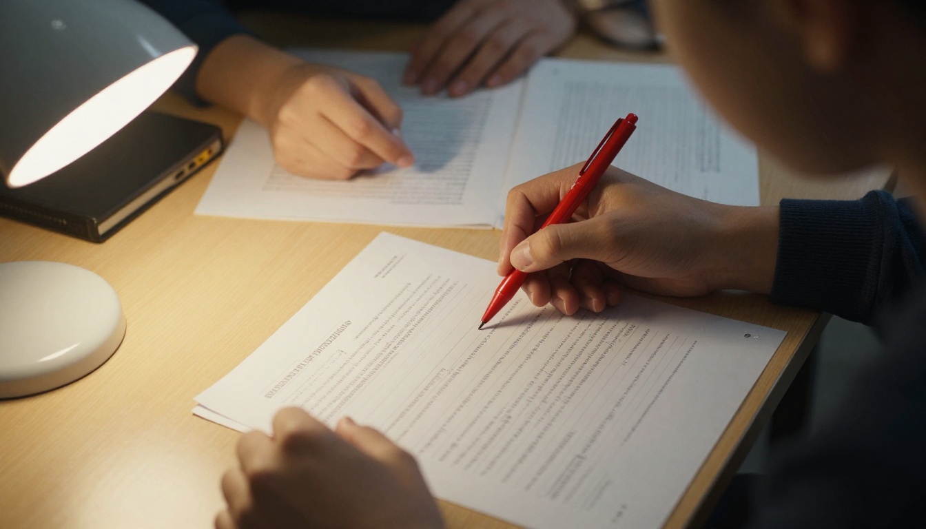 Teacher advisor reviewing printed proofs with a student