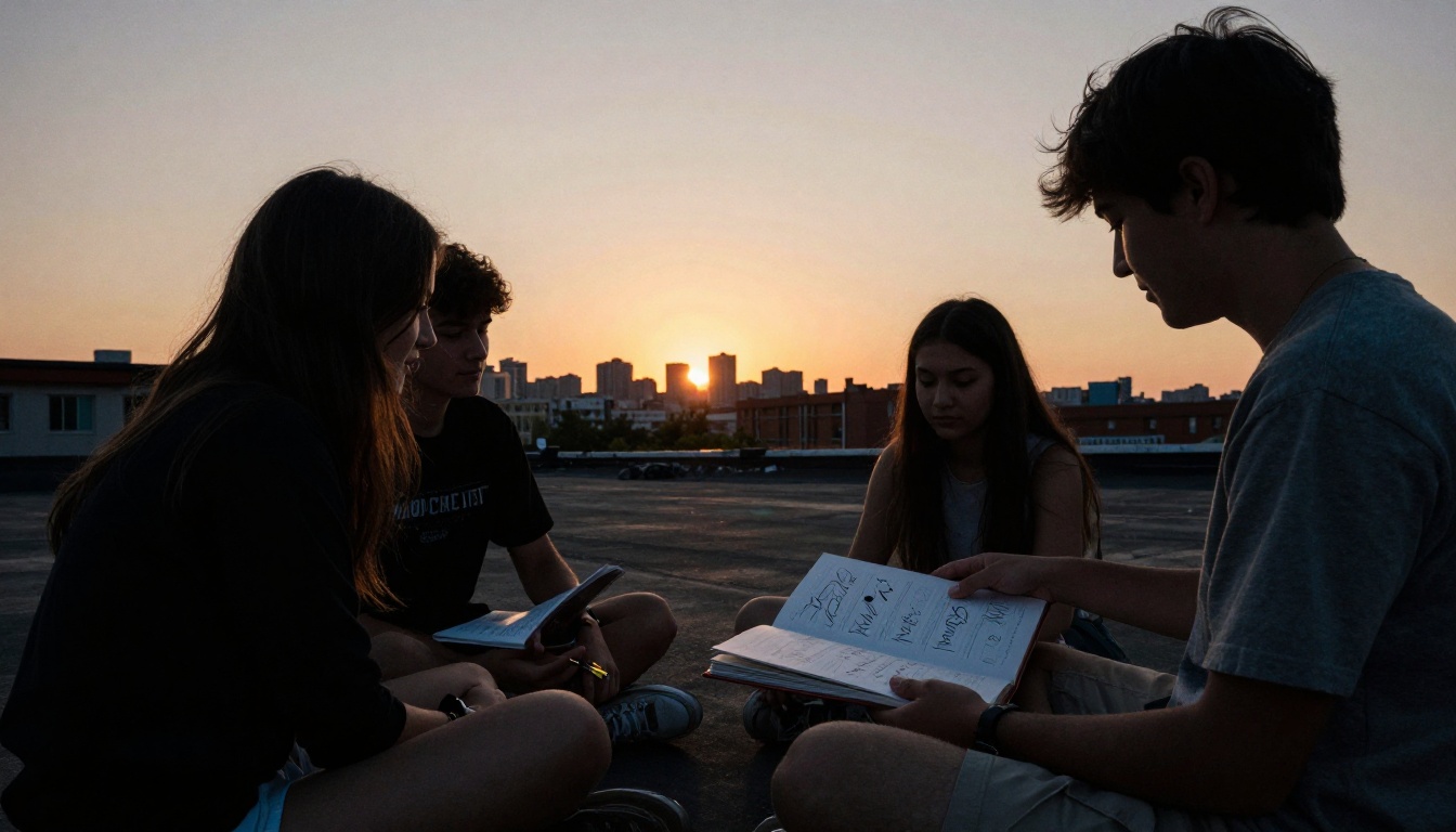 Friends on a rooftop at sunset sharing a signed yearbook