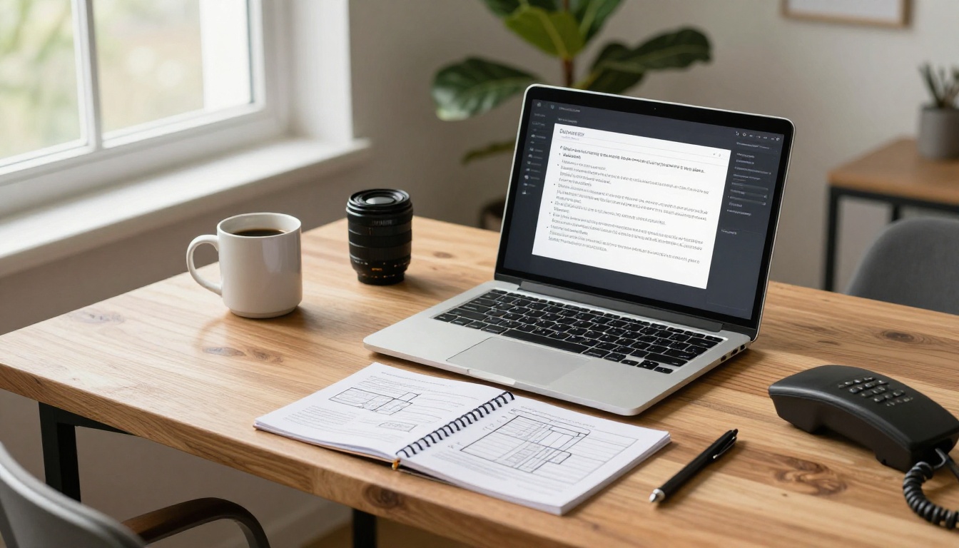 Broker working at a desk with a laptop, notebook and printed site plan Broker working at a desk with a laptop, notebook and printed site plan