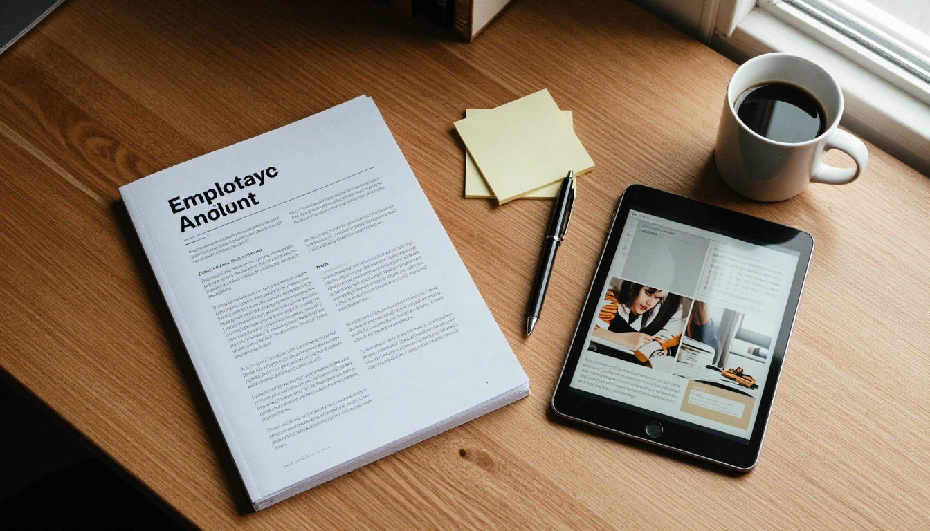 Overhead view of a desk with a printed employee handbook, tablet and sticky notes