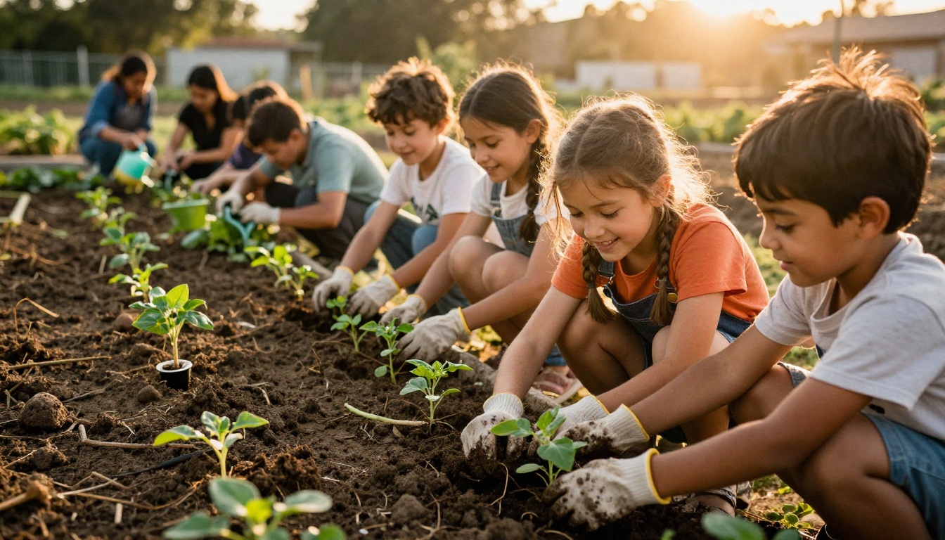 Volunteers planting vegetables in a community garden