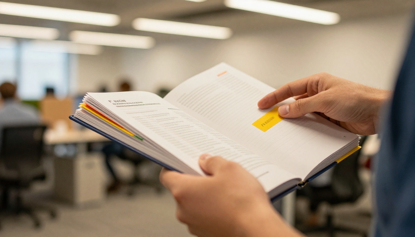 Hands flipping through a bound employee handbook with colorful tabs