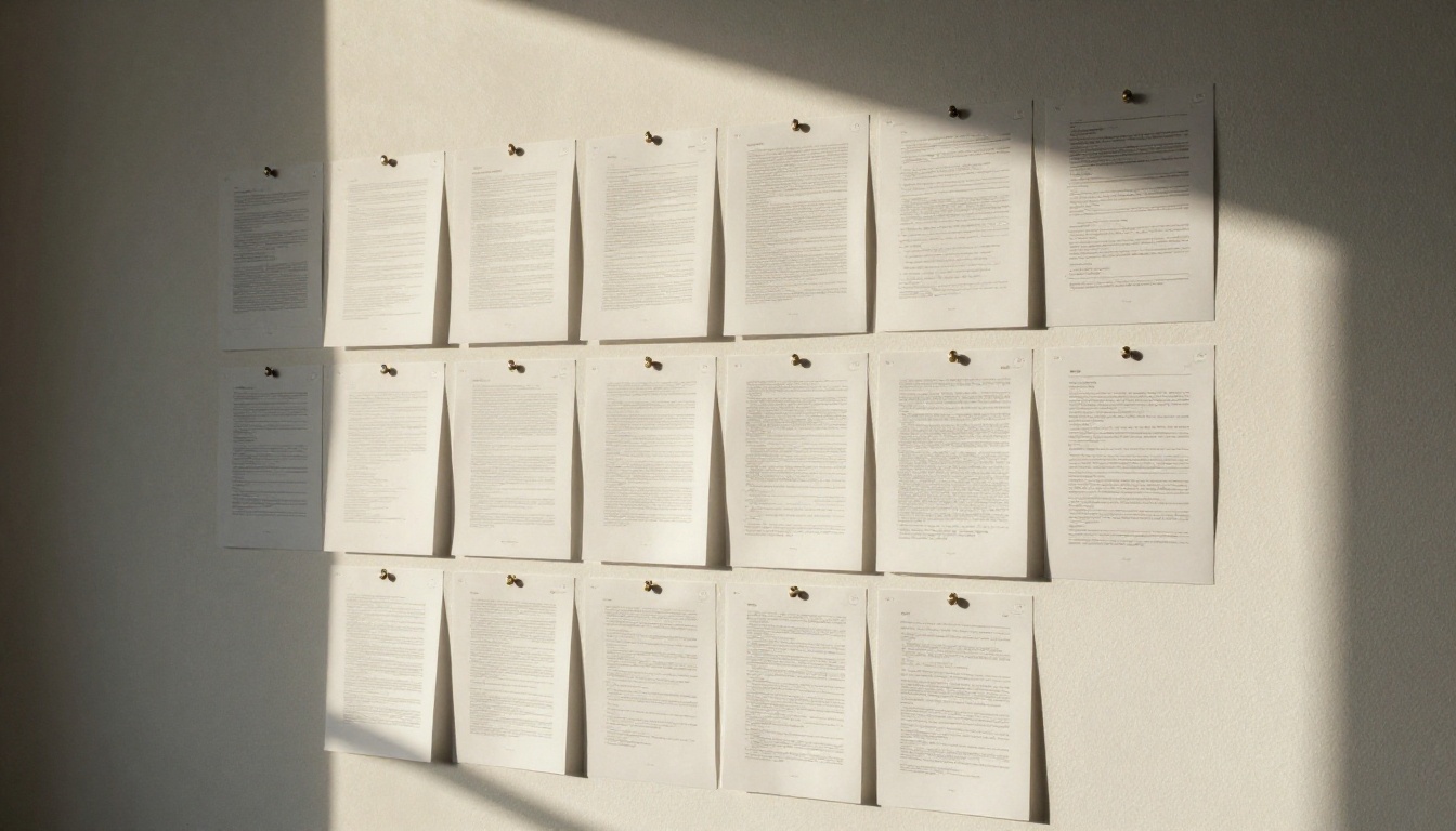 A modular grid of printed report pages pinned on a studio wall A modular grid of printed report pages pinned on a studio wall