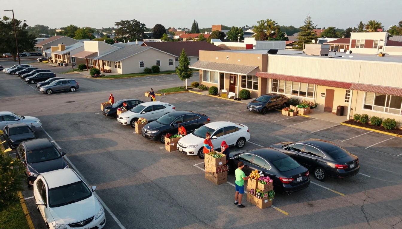 Aerial view of a food bank parking lot with volunteers