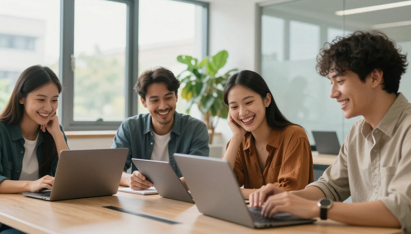 Group of new employees laughing together while looking at a laptop in a meeting room