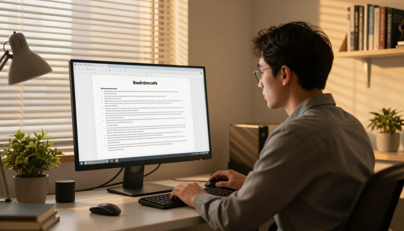HR professional reviewing a long policy document on a monitor at a standing desk