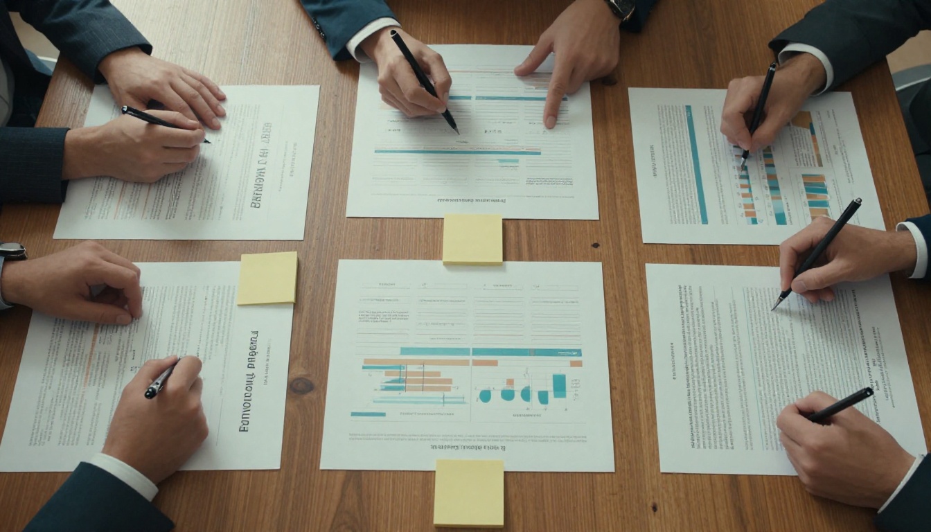 Three annual report spreads compared side by side on a conference table Three annual report spreads compared side by side on a conference table