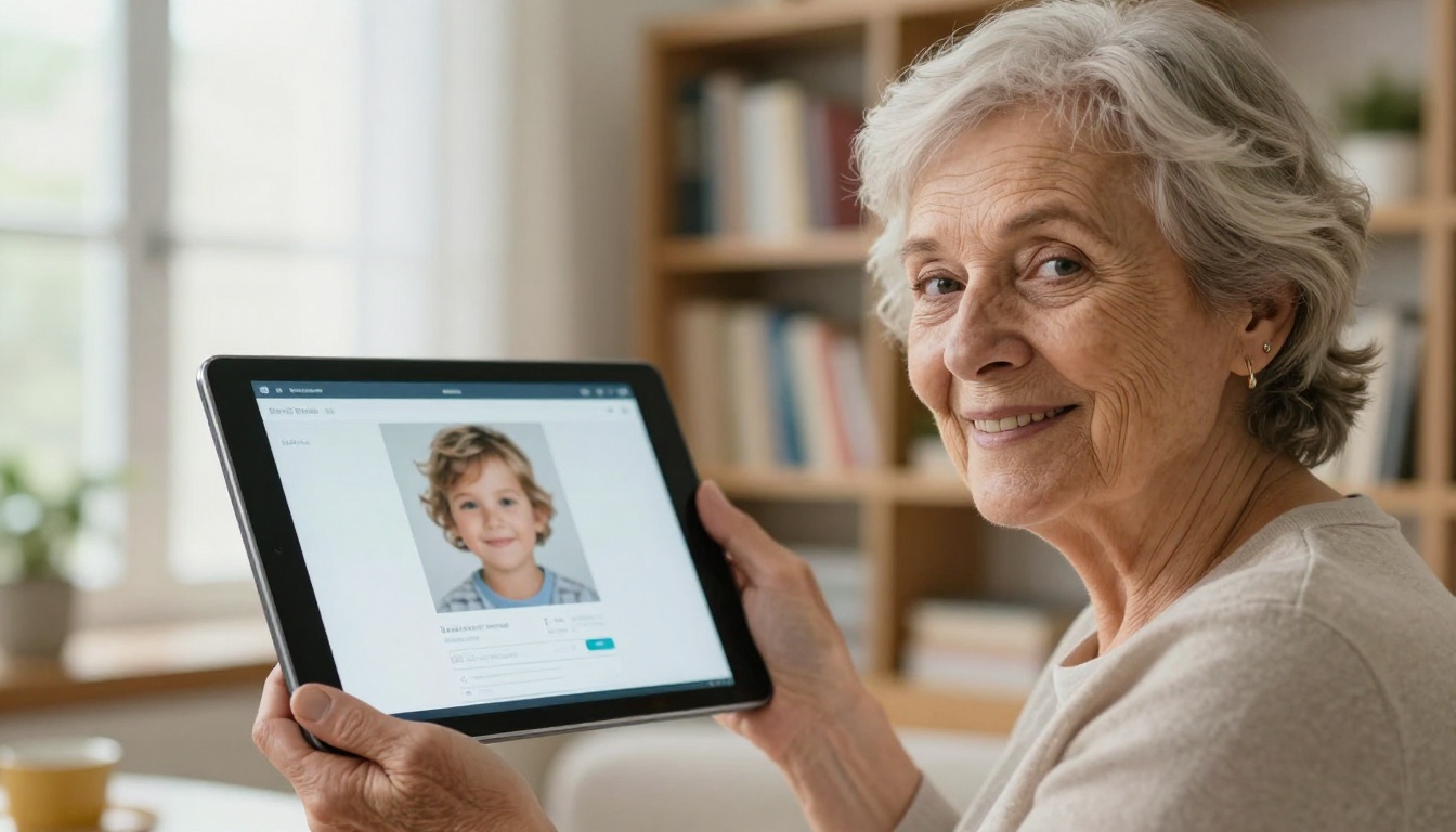 Smiling older donor holding a tablet with an interactive report