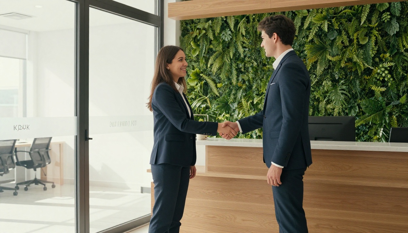 Manager shaking hands with a new employee in a bright office lobby