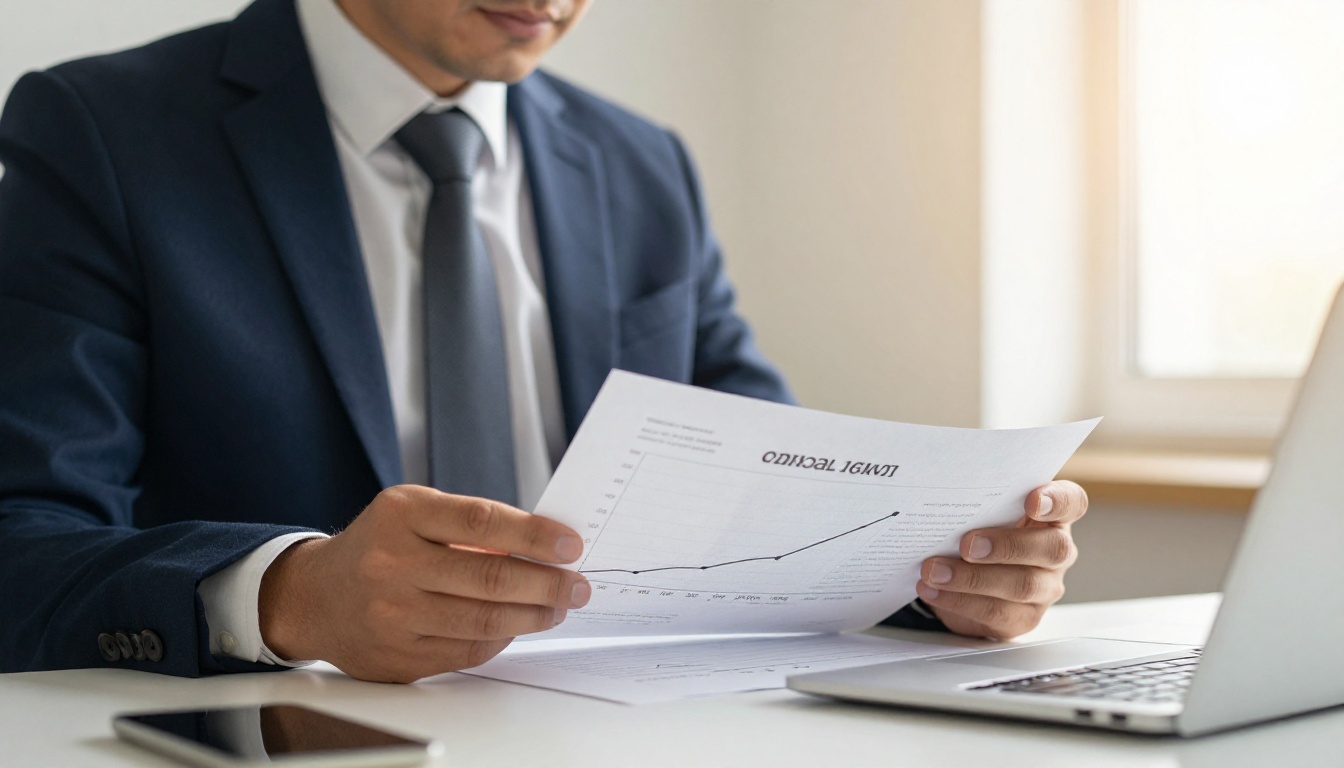 A finance director reading a clean line chart in an annual report A finance director reading a clean line chart in an annual report